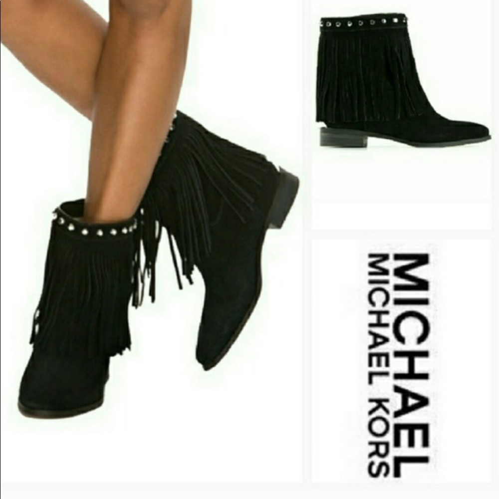 MICHAEL KORS Black Fringe Billy Suede Booties